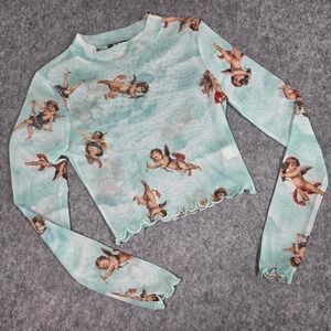 G Mini USA Mesh Top Blue Cherub Angel Cloud Lettuce Edge Long Sleeve Y2K Medium
